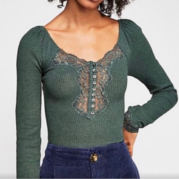 Free People Tops - Free People Henley Green Lace Top